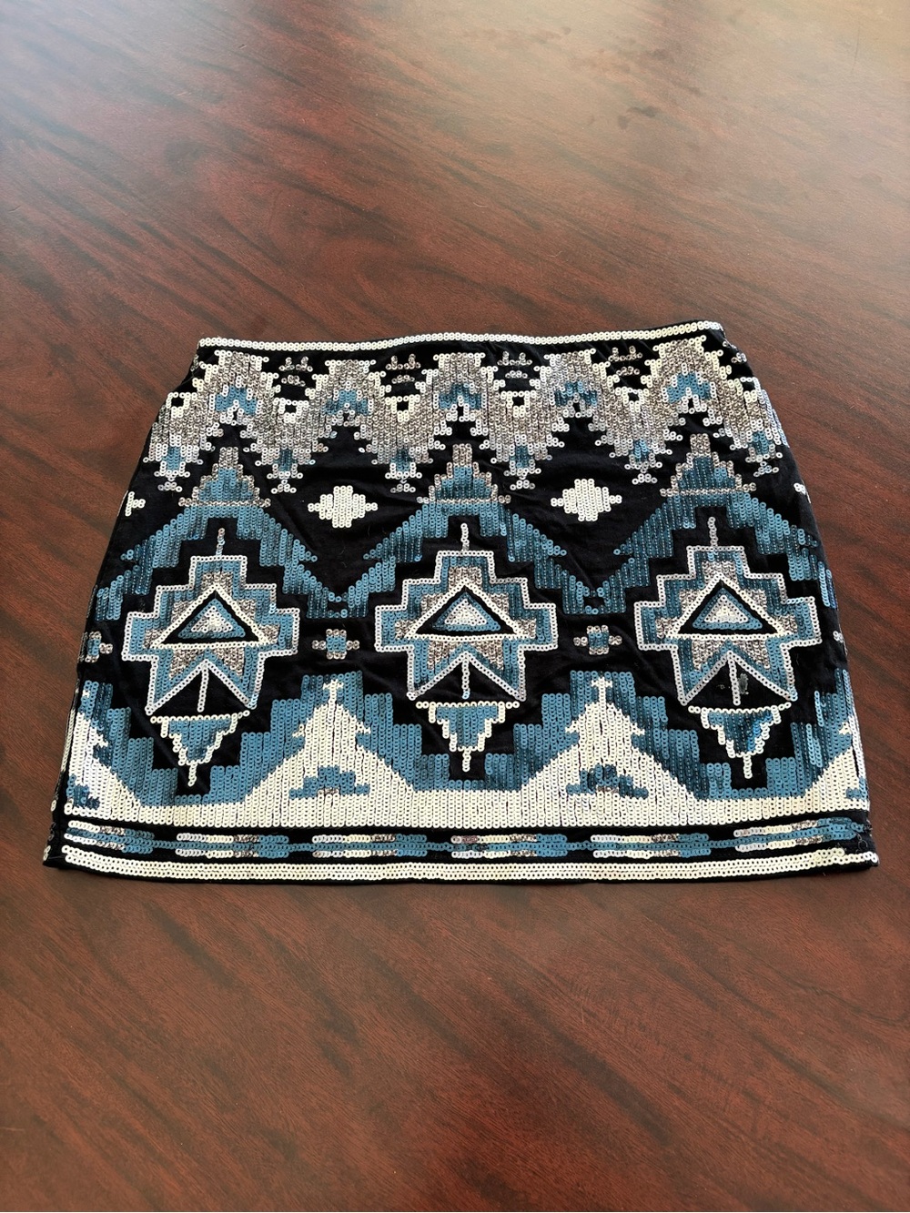 Express Sequin Aztec Mini Skirt in Black, Light Blue and Silver